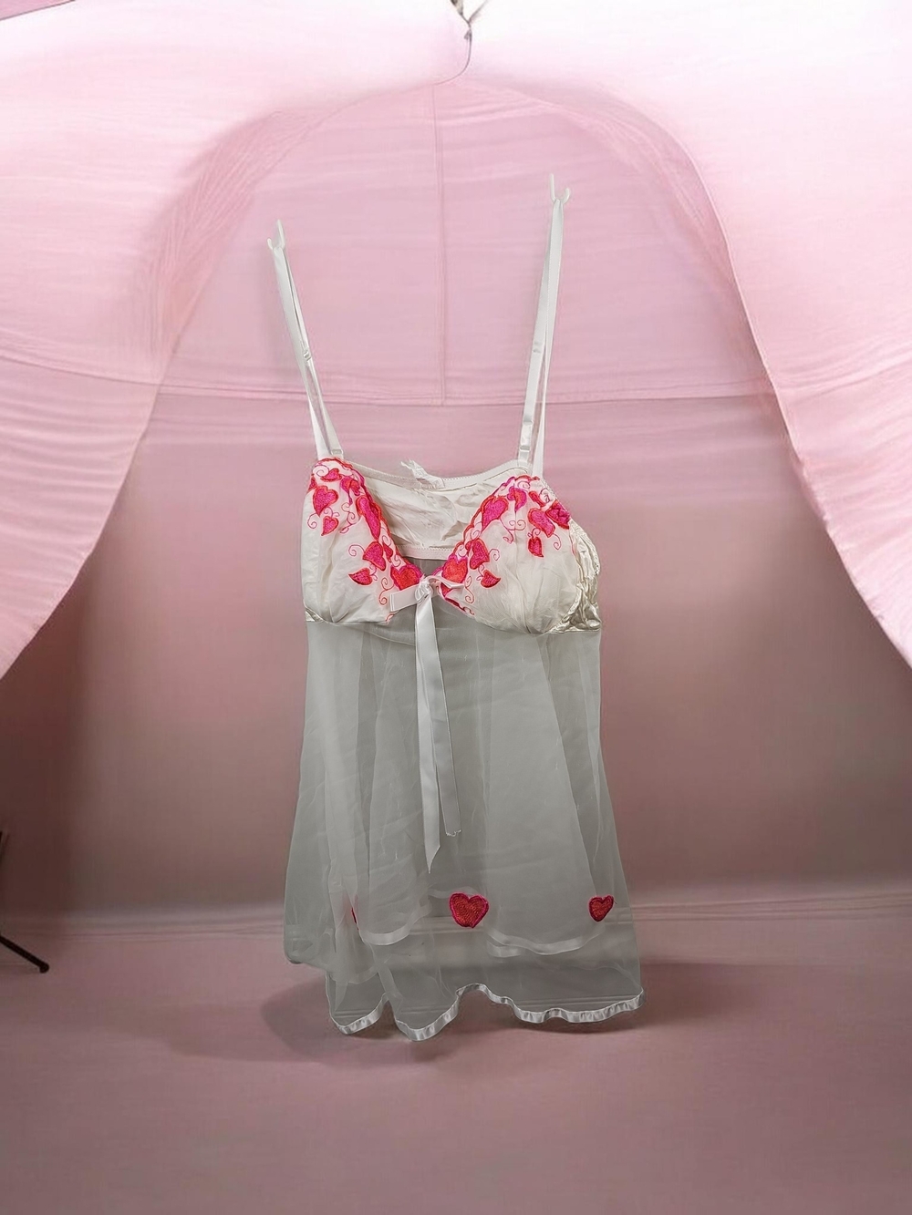 Sheer White Babydoll Chemise with Pink Heart Embroidery
